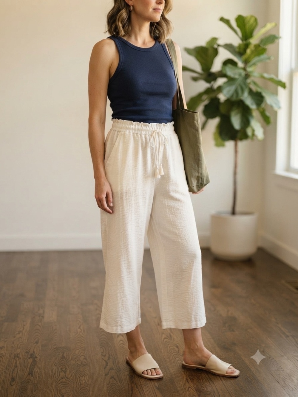 Wide Leg Cropped Crinkle Textured Pants L Cream NWT